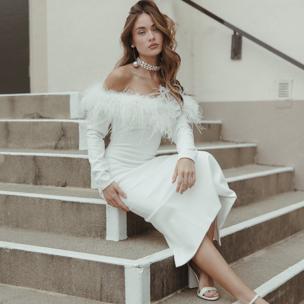 Aria - Gorgeous off the shoulder crepe bridal midi with feathers